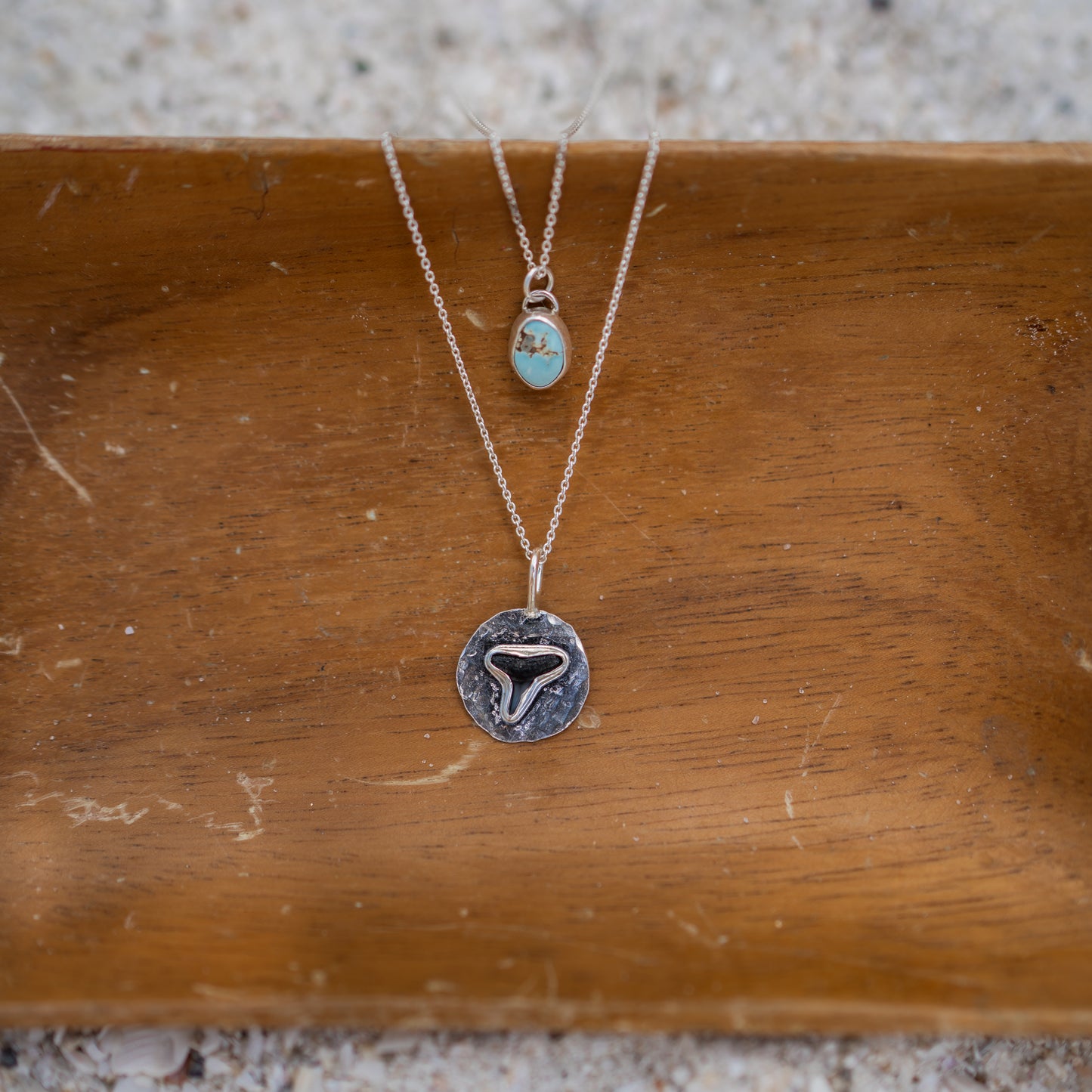 Turquoise + Fossilized Shark Tooth Coin Pendant Stacking Necklace