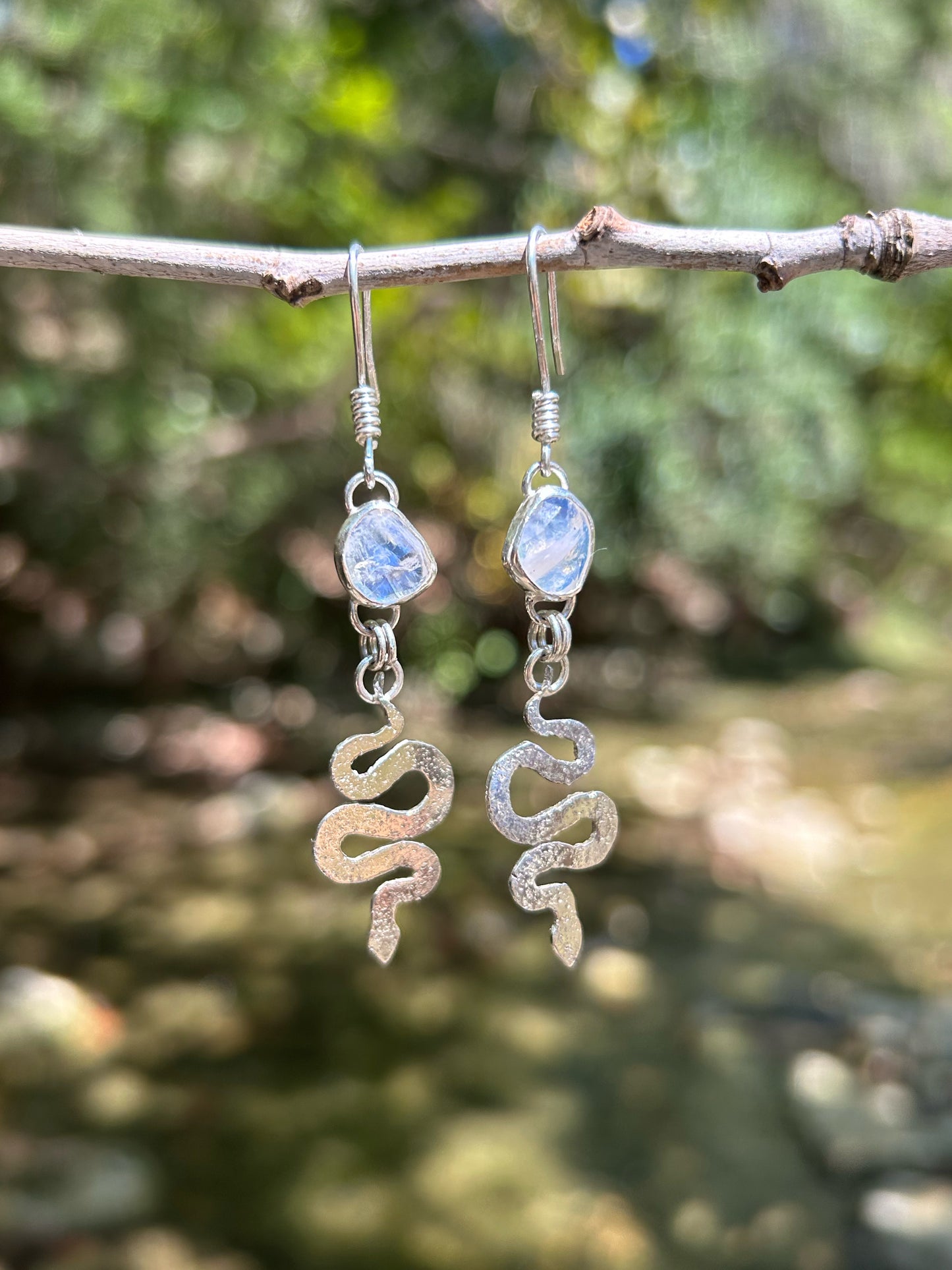 Moonstone Snake Earrings in Sterling Silver