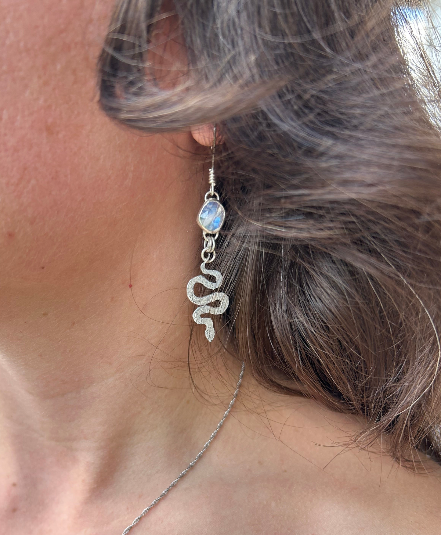 Moonstone Snake Earrings in Sterling Silver