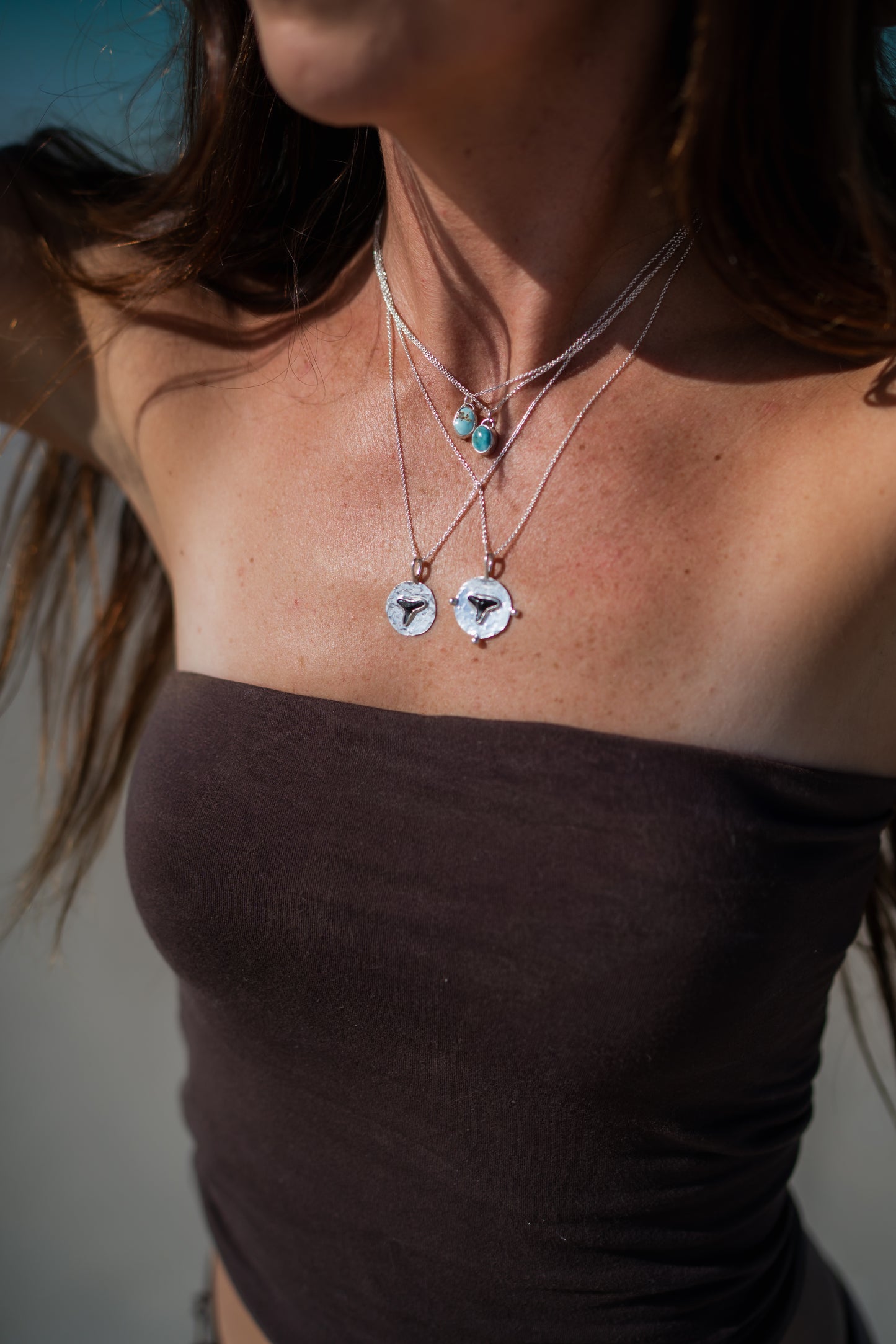 Turquoise + Fossilized Shark Tooth Coin Pendant Stacking Necklace