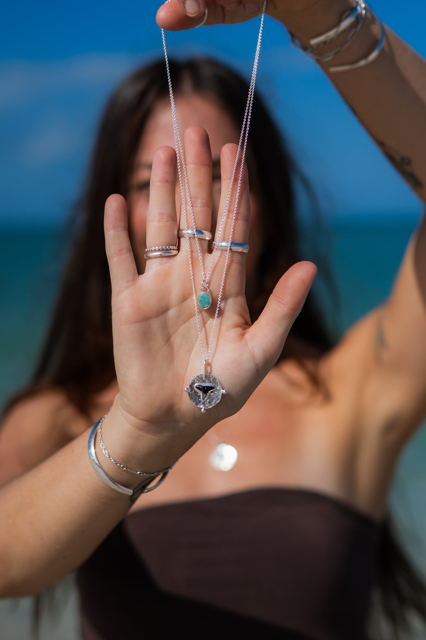 Turquoise + Fossilized Shark Tooth Coin Pendant Stacking Necklace