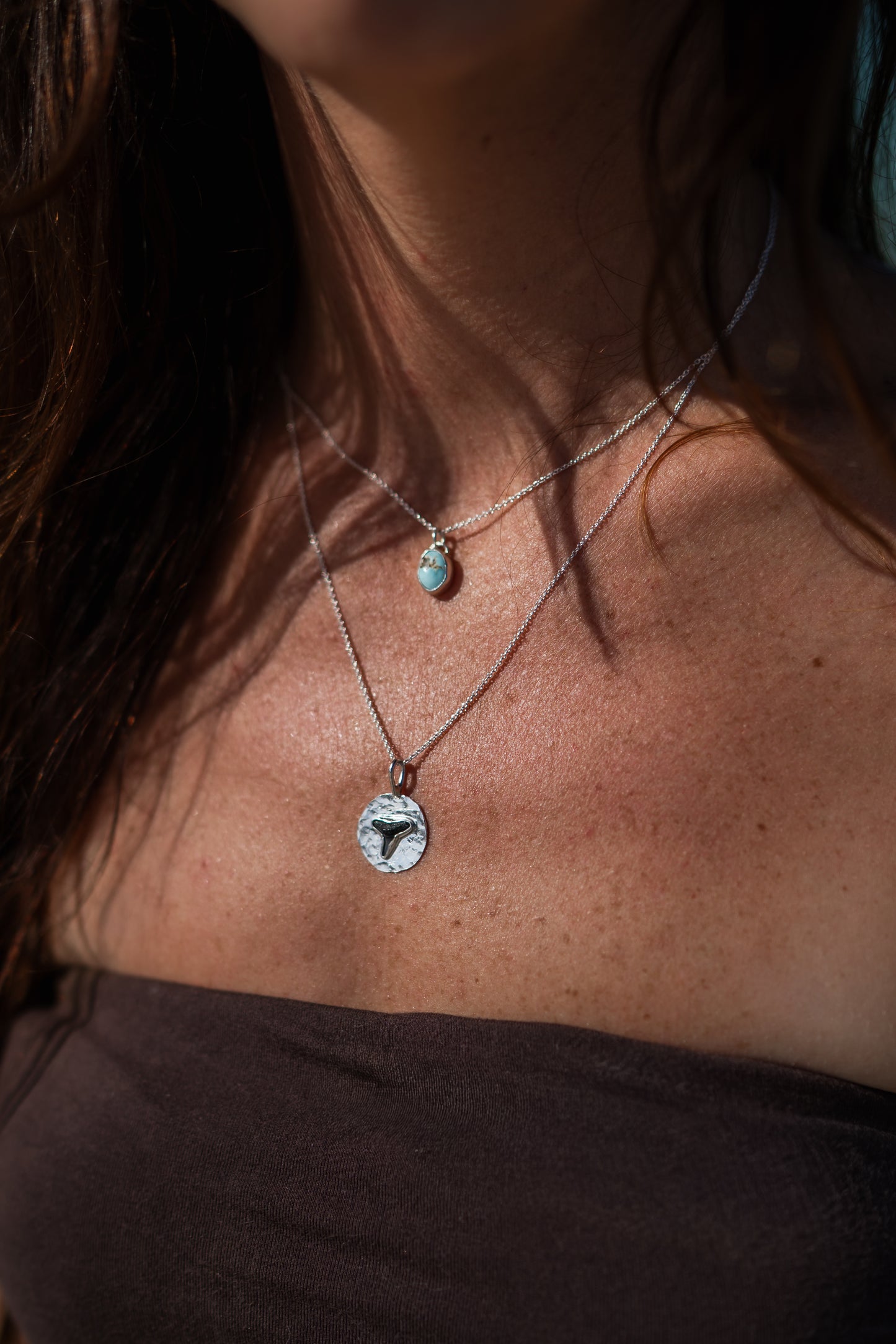 Turquoise + Fossilized Shark Tooth Coin Pendant Stacking Necklace