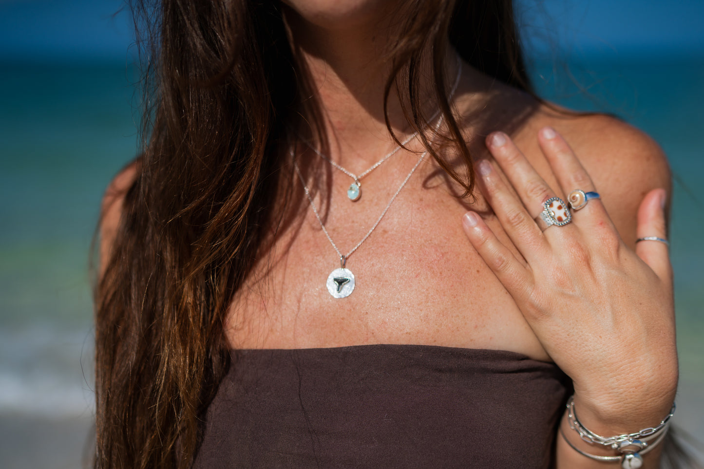 Turquoise + Fossilized Shark Tooth Coin Pendant Stacking Necklace