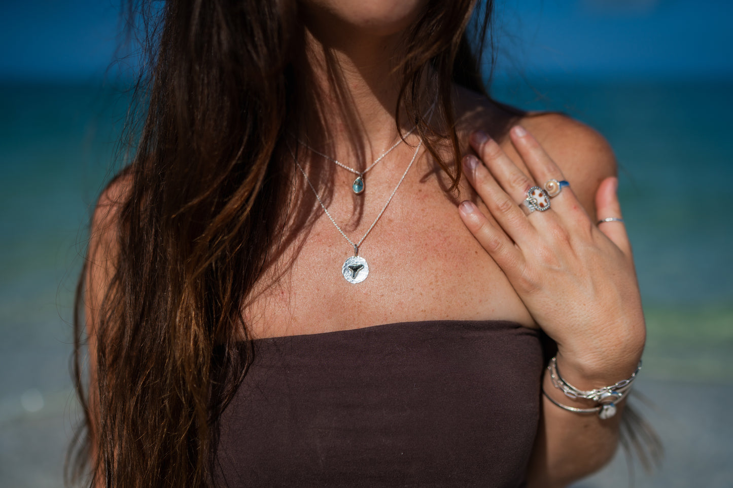 Turquoise + Fossilized Shark Tooth Coin Pendant Stacking Necklace