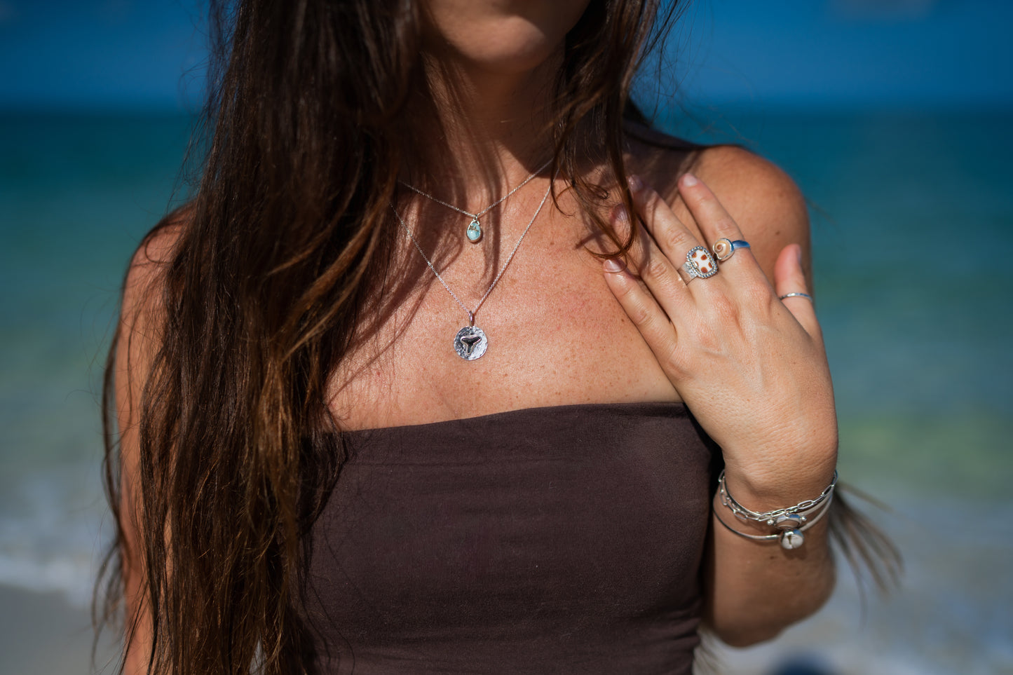 Turquoise + Fossilized Shark Tooth Coin Pendant Stacking Necklace