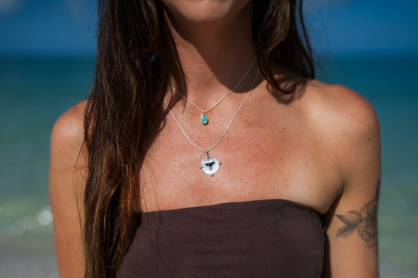 Turquoise + Fossilized Shark Tooth Coin Pendant Stacking Necklace
