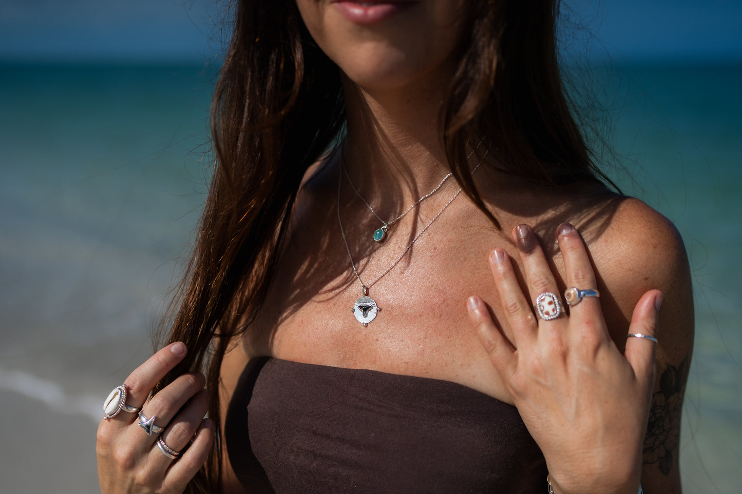 Turquoise + Fossilized Shark Tooth Coin Pendant Stacking Necklace