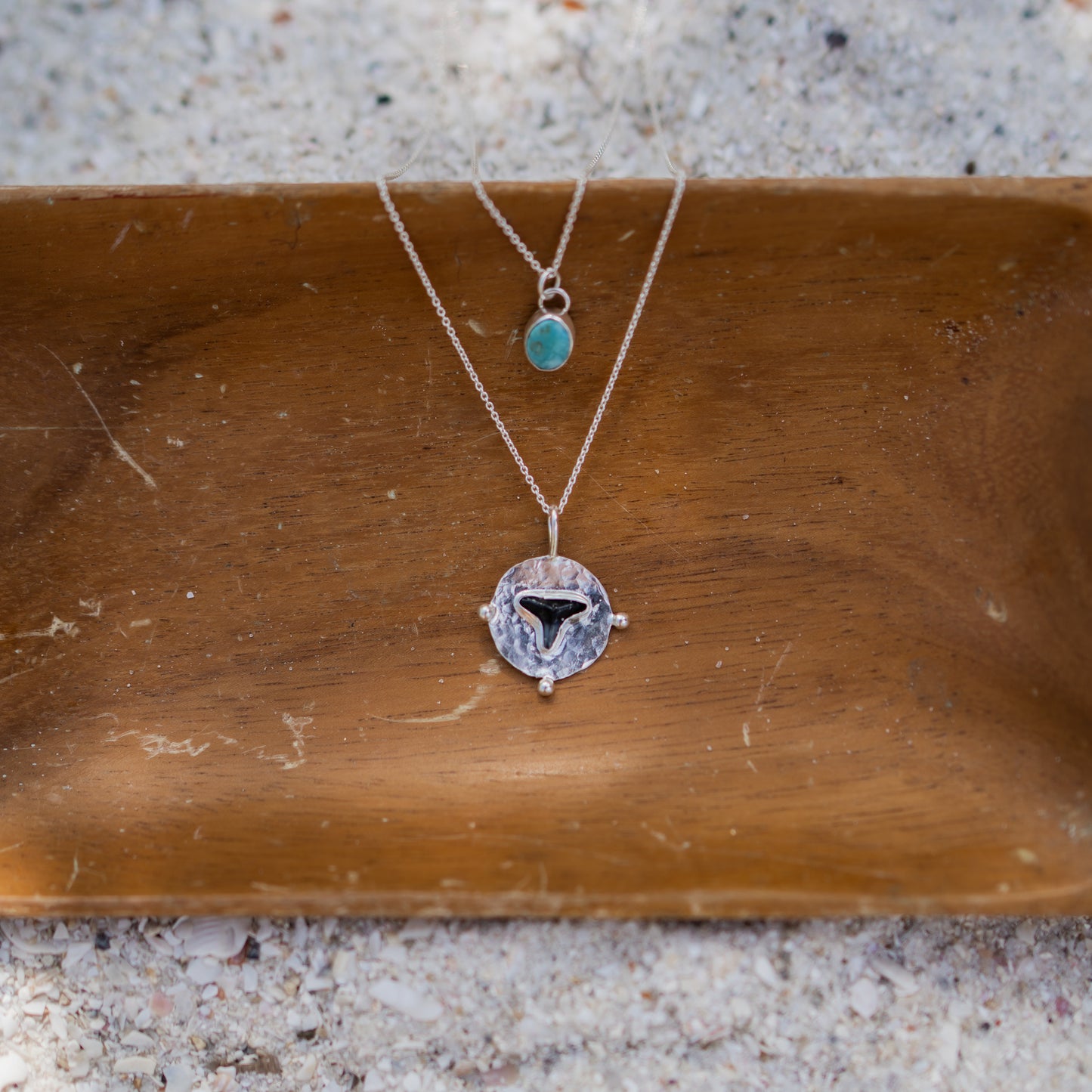 Turquoise + Fossilized Shark Tooth Coin Pendant Stacking Necklace