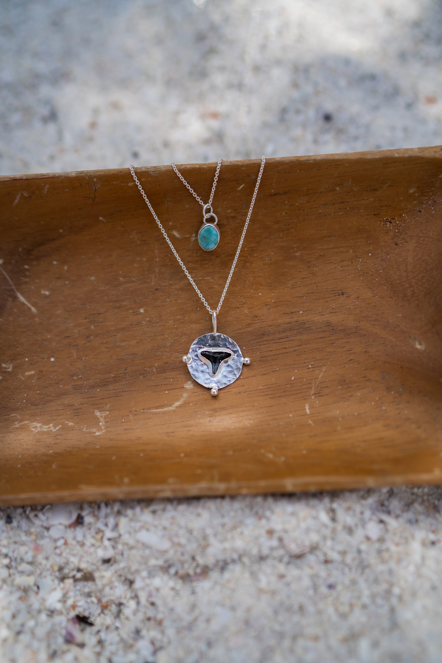 Turquoise + Fossilized Shark Tooth Coin Pendant Stacking Necklace