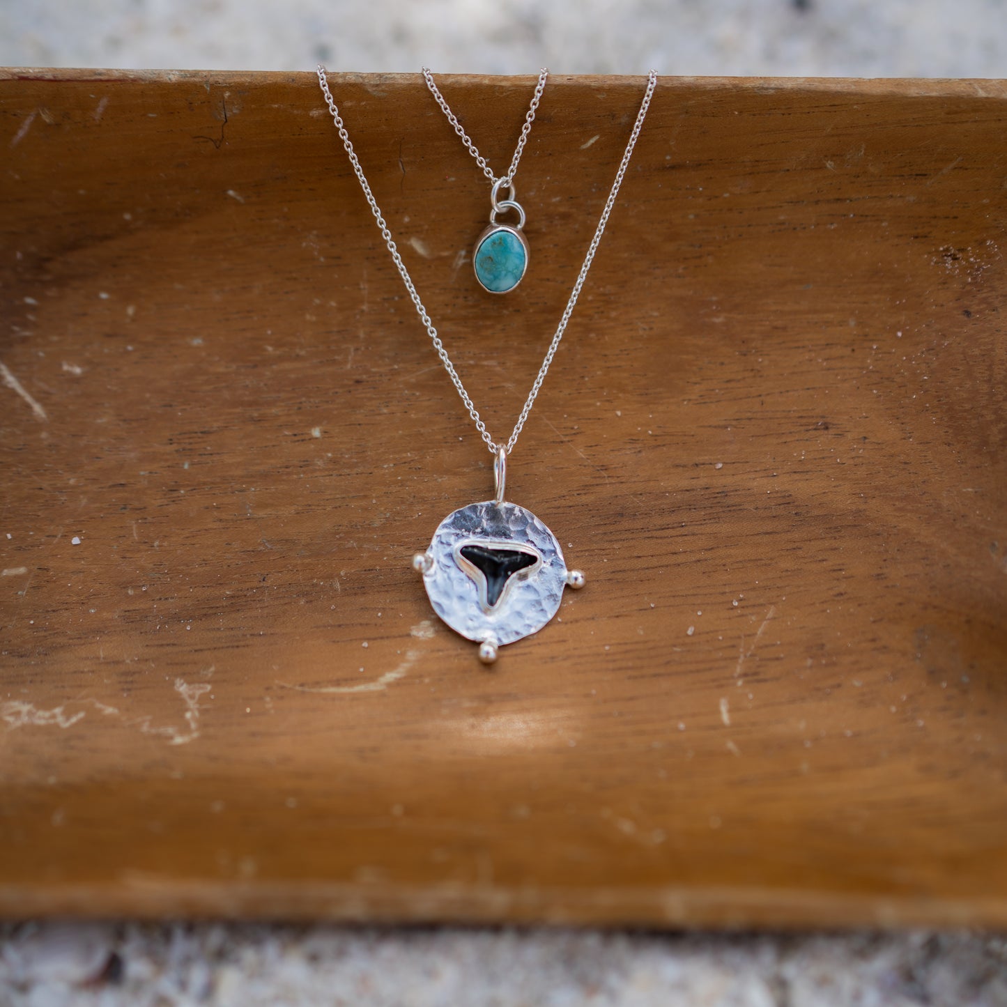 Turquoise + Fossilized Shark Tooth Coin Pendant Stacking Necklace