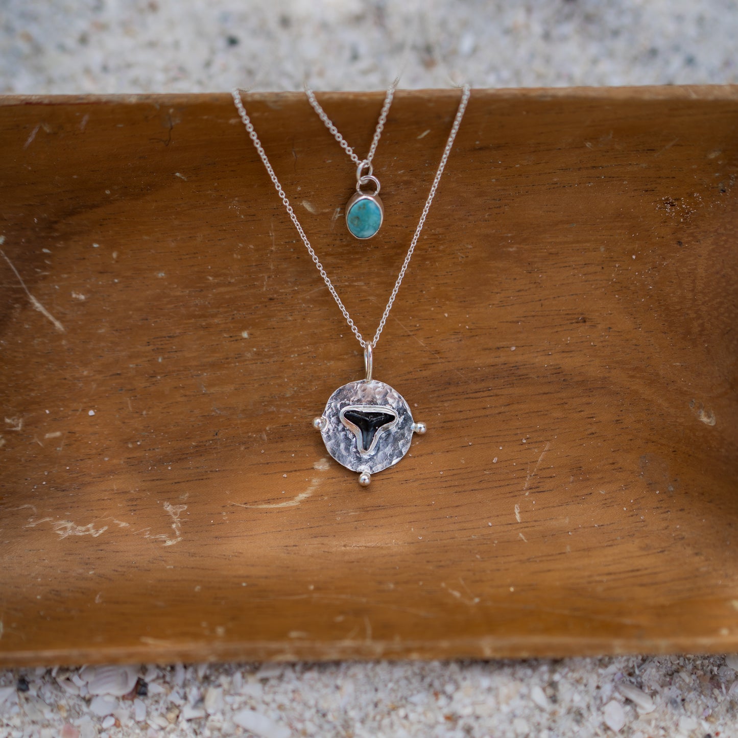 Turquoise + Fossilized Shark Tooth Coin Pendant Stacking Necklace