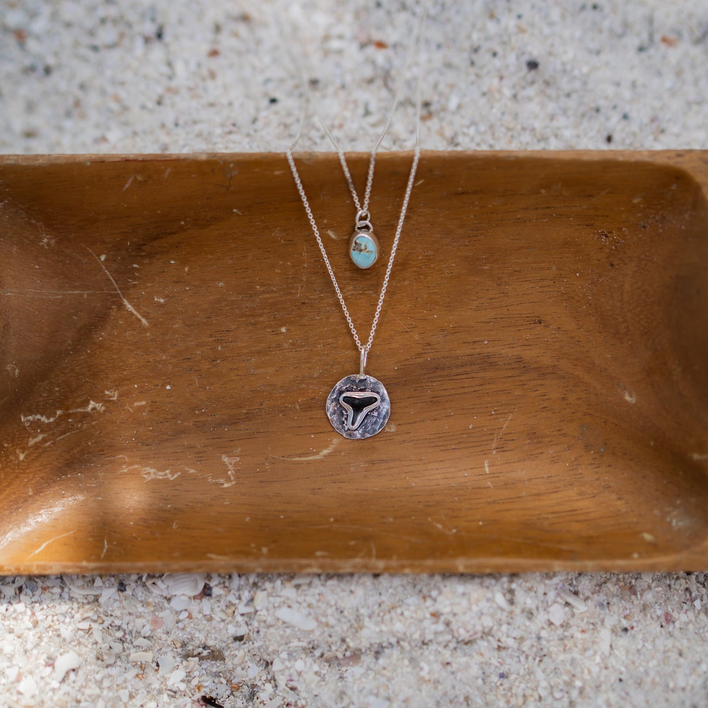 Turquoise + Fossilized Shark Tooth Coin Pendant Stacking Necklace