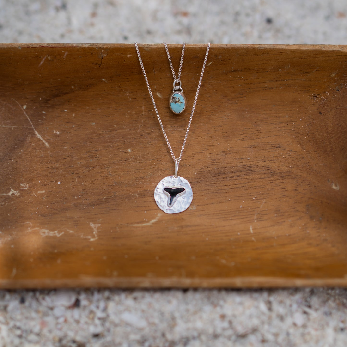 Turquoise + Fossilized Shark Tooth Coin Pendant Stacking Necklace