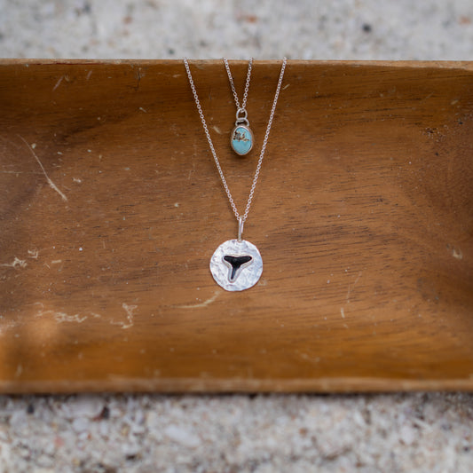 Turquoise + Fossilized Shark Tooth Coin Pendant Stacking Necklace